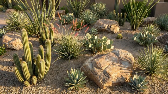 Green cactus plants and desert succulents growing in a dry garden with brown rocks and sandy ground. arizona yard