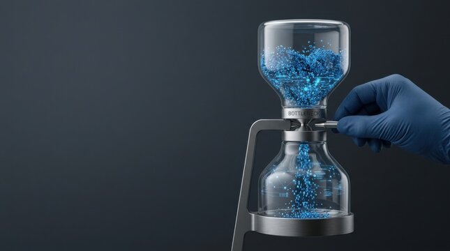 Hand holding a blue glass hourglass depicting operational bottleneck as a narrow process stage limiting throughput efficiency