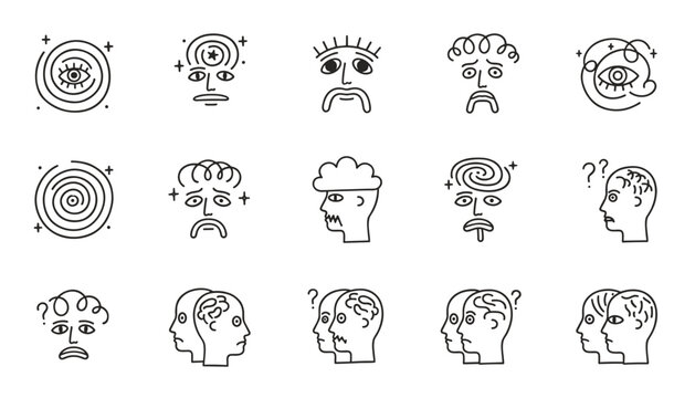 Collection of mental health psychology doodle icons representing confusion, thinking, and anxiety on a white background.
