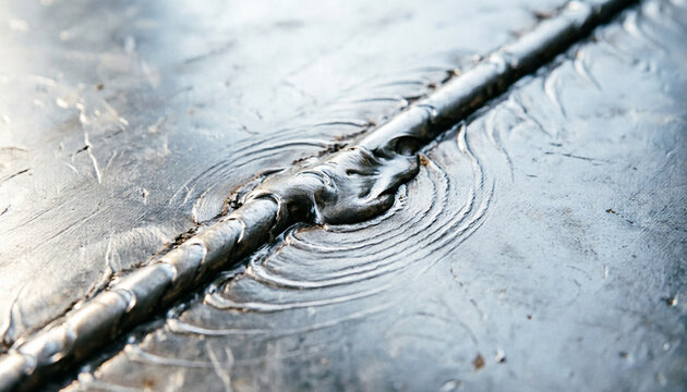 Close-up of two overlapping solidified metal weld tracks with fine ripple texture and a subtle remelted seam, full frame texture, industrial macro photography, additive manufacturing 