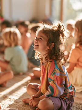 L&auml;chelndes kleines Kind sitzt im Kreis mit anderen Kindern im Hintergrund, warmes Licht, buntes Outfit, Kita- und Familienkonzept.