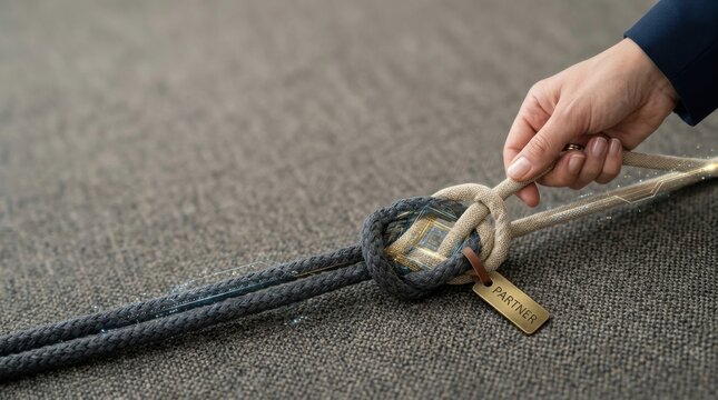 Individual tying a rope to illustrate strategic partnership between two organizations creating a strong connection