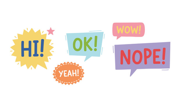 Cute colorful dialog speech bubbles with positive words like hi, ok, wow, yeah, and nope on a white background.