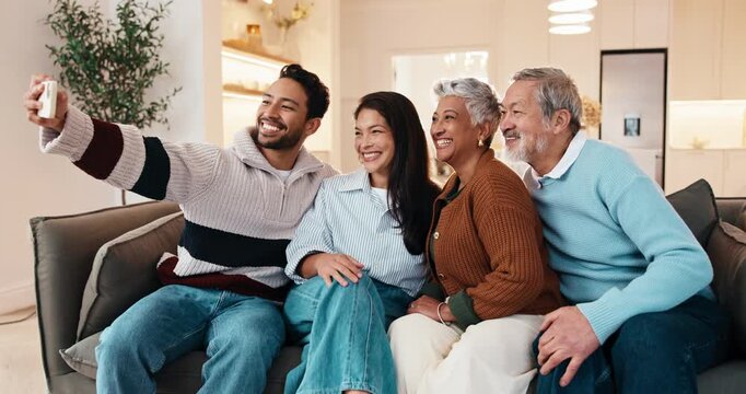 Selfie, family and bonding in home for photography, weekend picture or relaxing together on sofa. People, adult son or daughter with senior man and woman for capture moment, visit or memory in house