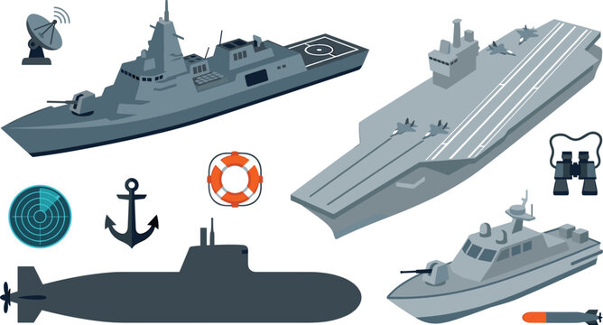 Military navy warships vector set featuring aircraft carrier destroyer submarine patrol boat radar binoculars anchor isolated elements.