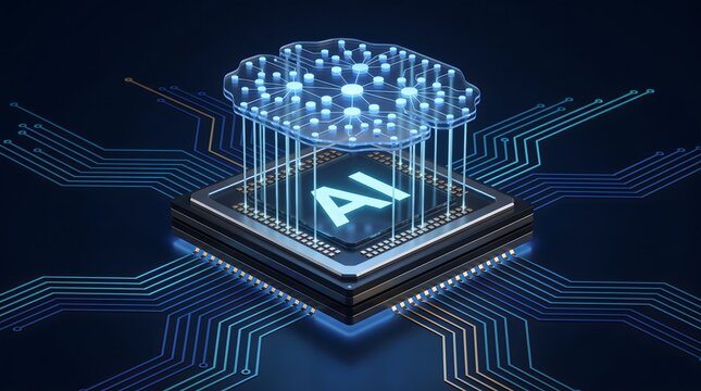 Advanced microchip cpu processor with glowing blue artificial intelligence brain network structure circuit board microchip microprocessor technology hardware motherboard
