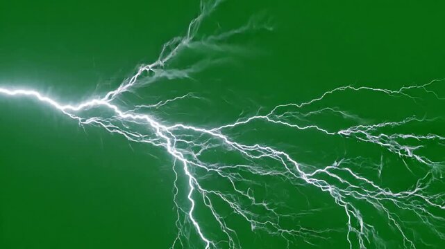 Intense lightning strike overlay on green screen, realistic electric discharge visual effect for compositing and vfx
