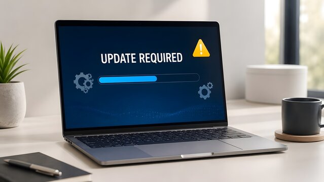 Laptop computer on office desk displaying software update required notification with progress bar and warning alert for system maintenance and upgrade concept