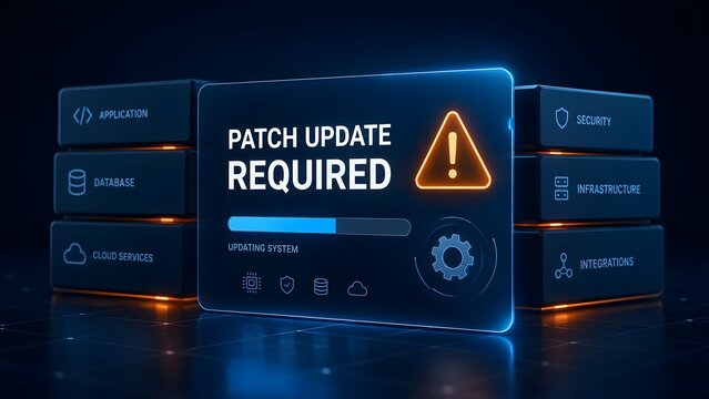Digital interface panel displaying patch update required notification with warning triangle progress bar and system infrastructure icons for software maintenance