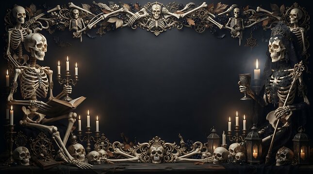 Dark and spooky halloween border with skeletons and burning candles creating a gothic frame