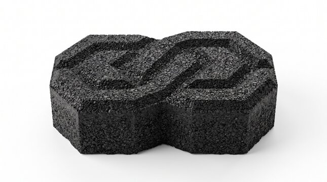 Black concrete paving stone with interlocking geometric pattern, charcoal cement paver block for outdoor landscaping and driveway construction isolated on White Background
