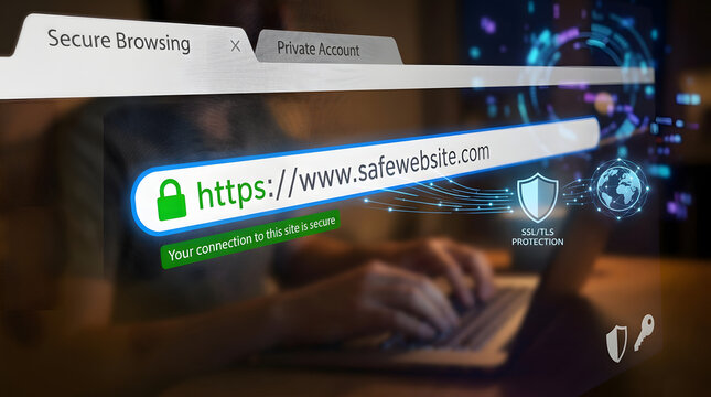 Secure Browsing Protection: A close-up shot depicts a person using a laptop with a browser window showing a secure connection and shield icon, symbolizing online safety and data protection.