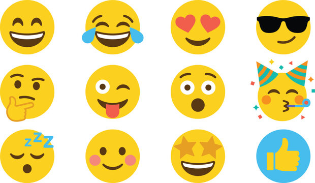 Yellow emoji character vector set featuring happy laughing crying face hearts eyes sunglasses thinking winking party star eyes thumbs up icons.