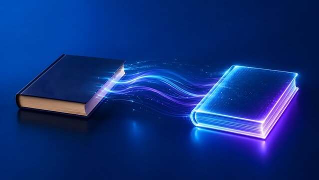 Digital transformation of education showing physical book transferring data into a glowing futuristic e-book via luminous fiber optic lines