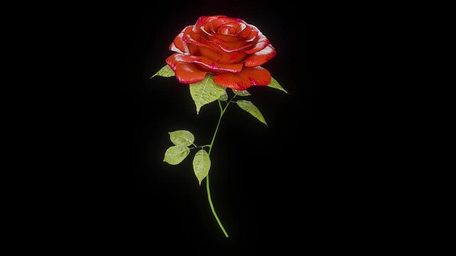 Beautiful red rose on stem rotating on transparent background, glossy flower footage.