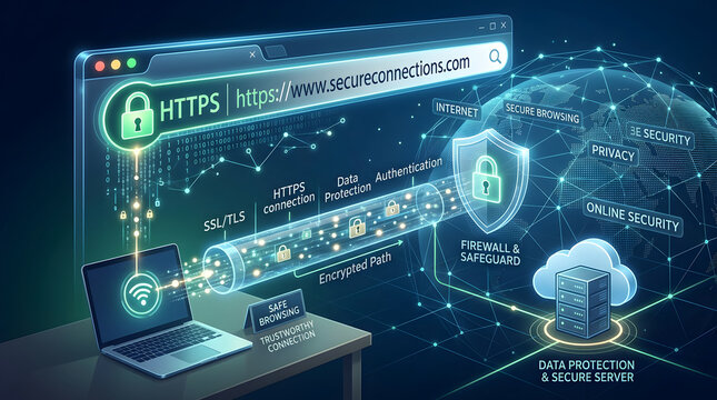 Digital Security and Secure Connection: A visual representation of internet security with HTTPS connection, lock icon, firewall, and data protection symbols.