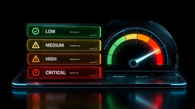 Futuristic digital dashboard displaying critical risk priority levels with glowing gauge meter for business crisis management and technology security assessment