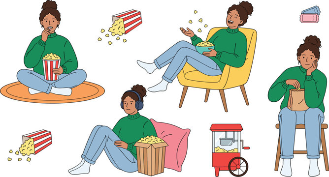 Young Black woman eating popcorn vector character set watching movies sitting on armchair floor pillow isolated entertainment design elements.