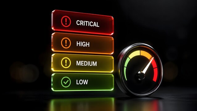 Glowing glass panels showing critical high medium low risk levels next to a gauge meter on dark background with bokeh for business performance evaluation