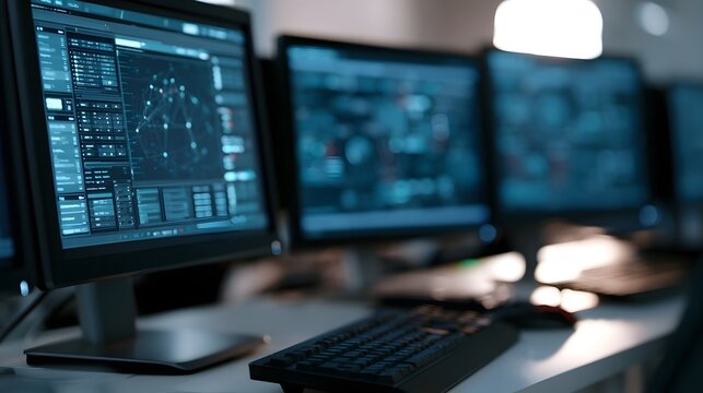 Modern office setup with multiple computer monitors displaying network diagrams and data interfaces under soft ambient lighting