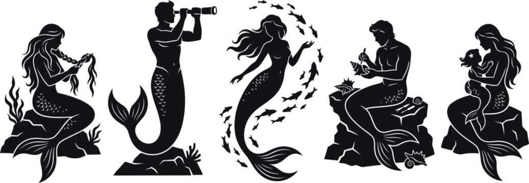  Mermaid and merman family daily life scenes silhouette vector collectionMermaid and merman family daily life scenes silhouette vector collection