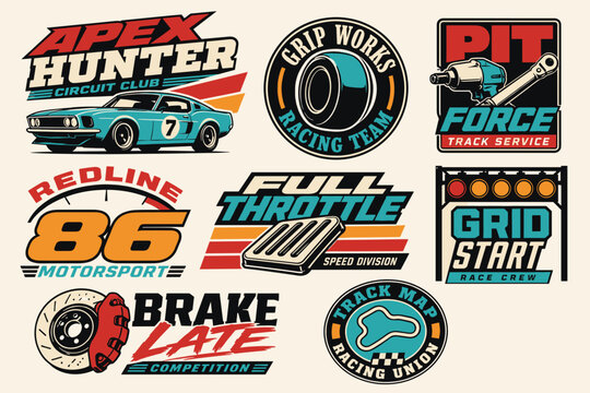 A collection of vintage racing and automotive-themed emblems, featuring classic cars, racing equipment, and motorsport club logos in a retro style.