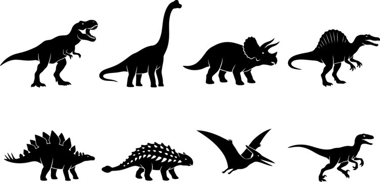  Prehistoric dinosaur silhouette collection including trex triceratops and stegosaurus vector 
