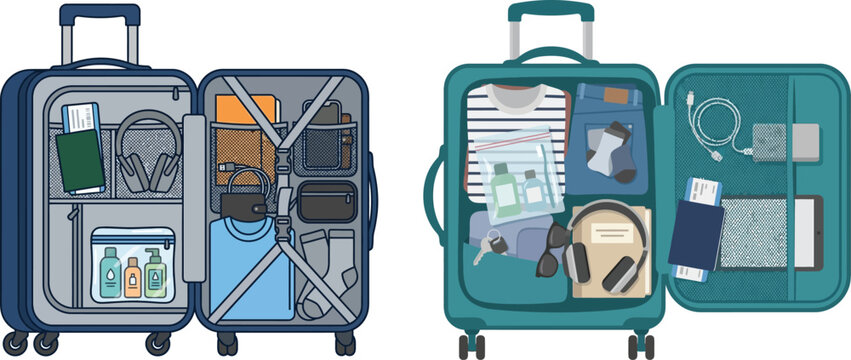 Vector illustration of two open suitcases packed with clothes shoes and travel items. Organized packing and journey preparation design.
