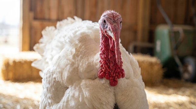 White Turkey with Red Wattle in Barn Setting