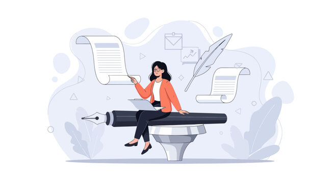 Creative Writing Concept: Woman Working on Digital Content with Quill and Pen Illustration