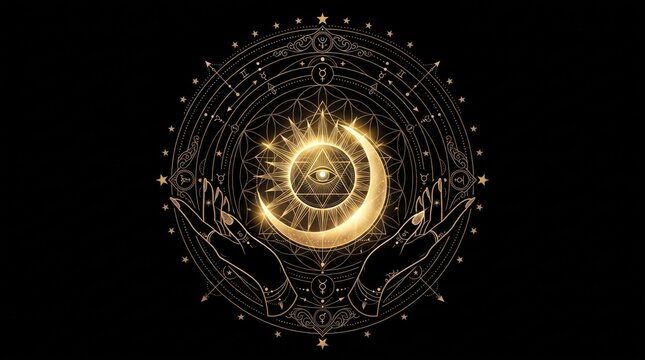 Intricate golden astrological and occult circle with celestial symbols