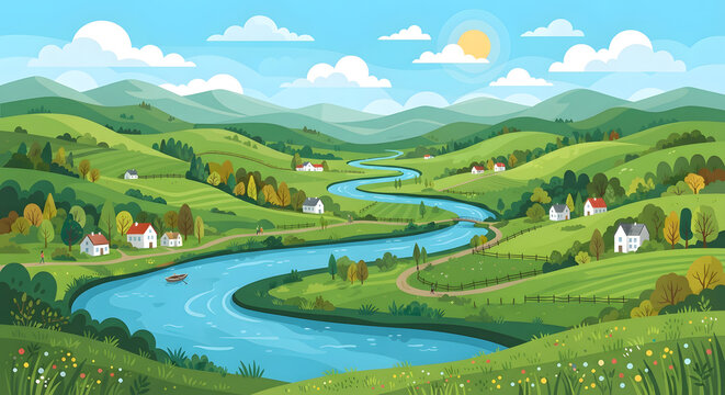 A flat vector-style illustration of a scenic rolling green valley with a winding blue river, scattered country houses, and distant mountains under a bright sunny sky