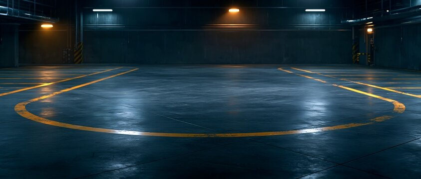Empty underground garage with reflective wet pavement