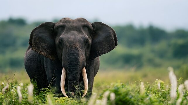 A majestic elephant with large ears and tusks stands in a lush green field under an overcast sky