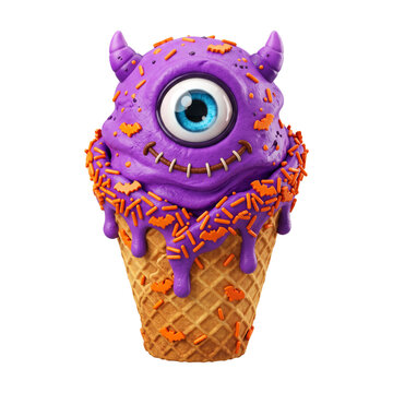 Cute Halloween monster ice cream cone with purple soft serve cyclops eye horns and orange bat sprinkles