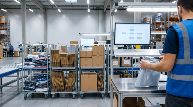Warehouse worker at automated packing workstation processing ecommerce parcel packages with computer monitor and cart shelving