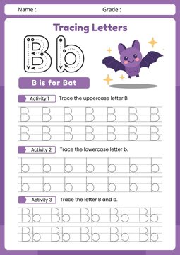 Digital illustration of a black and white educational printable worksheet template for letter B Tracing.