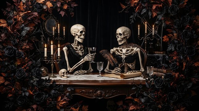 Elegant skeletal figures share a toast in a darkly lit baroque setting