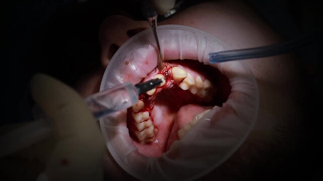 A dental surgeon prepares the gums for the installation of an abutment for a dental implant. A close-up of the mouth and instruments, a drill and a saliva ejector.