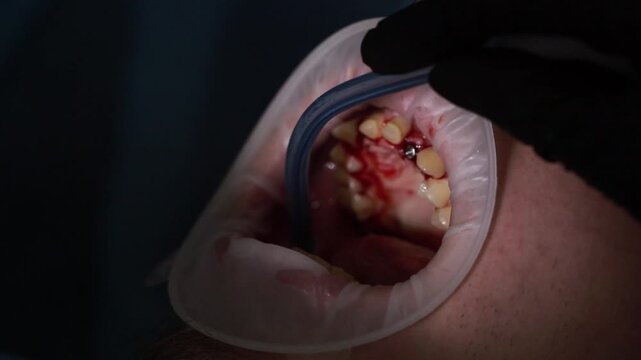 A dental surgeon performs gingivoplasty prior to dental implant placement&mdash;a procedure involving a connective tissue graft or transplant.