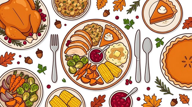 Festive Thanksgiving dinner table top view with turkey stuffing pie and vegetables illustration