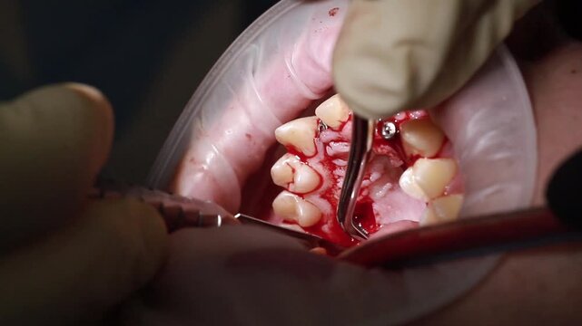 A dental surgeon performs gingivoplasty prior to dental implant placement&mdash;a procedure involving a connective tissue graft or transplant.