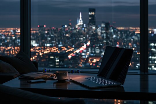 Laptop and coffee on desk overlooking New York City skyline