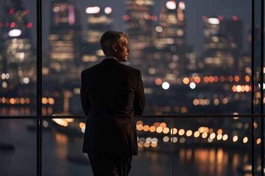 Confident businessman overlooking city skyline at night from office window