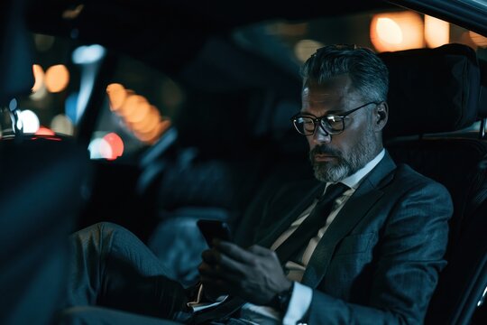 Businessman working with smartphone in luxury car at night