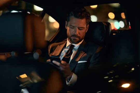 Businessman commuting in luxury car checking smartphone at night