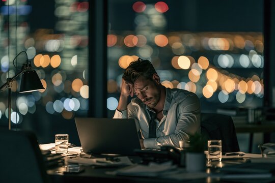 Overworked businessman experiencing burnout working late at night