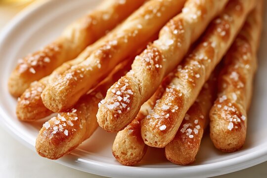 Crispy bread sticks with sea salt on white plate delicious snack food