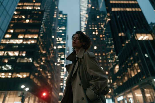 Woman standing in city street at night looking up
