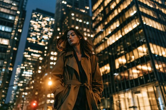 Woman walking at night in illuminated city